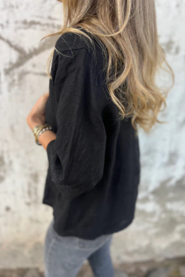 Linen Blend Solid Color Loose V-neck Button-down Casual Top