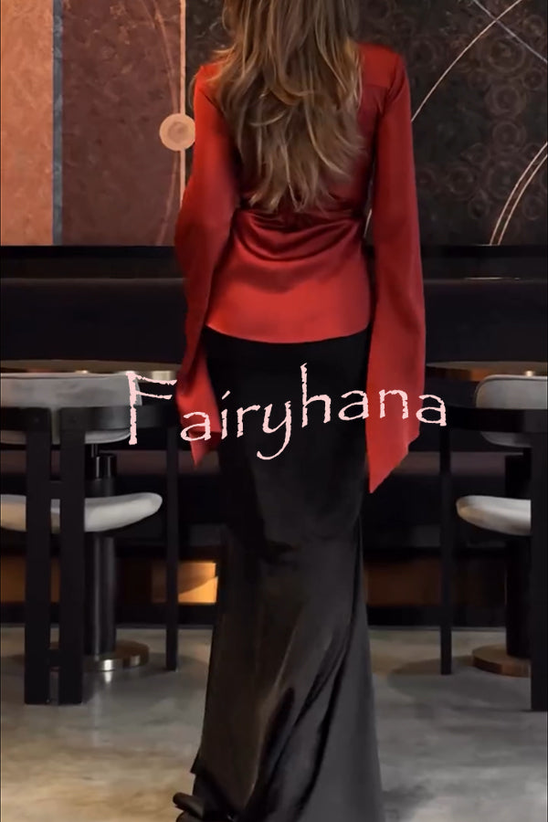 Jenny Satin High Rise Elastic Waist Flare Maxi Skirt