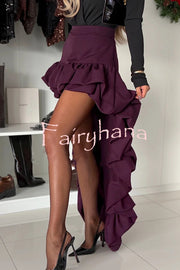 Toast To Midnight Solid Color High Rise Irregular Ruffled High Low Maxi Skirt