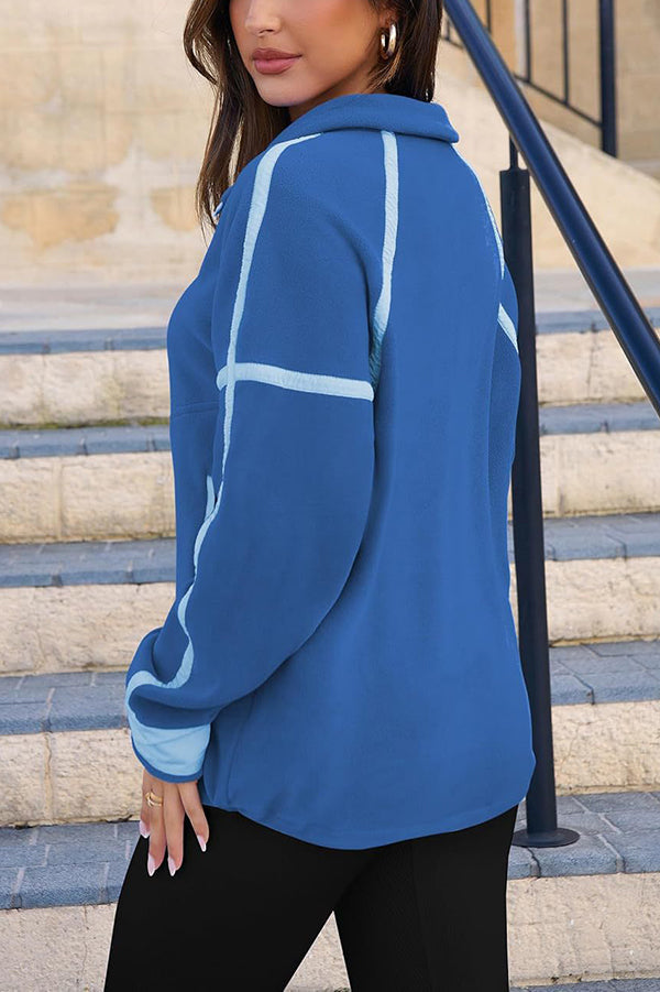 Stylish Color-blocked Trim Loose Casual Pocket Sweatshirt