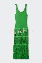 Solid Color Sleeveless Slim Fit Fringed Hem Knitted Midi Dress