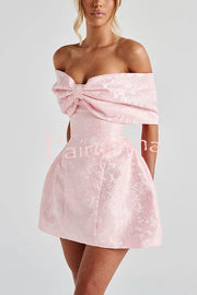 Raquel Floral Jacquard Oversized Off The Shoulder Bow Detail Mini Dress