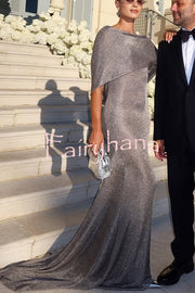 Fit and Elegance Fine Shimmering Fabric Open Cowl Back Draped Neckline Maxi Dress