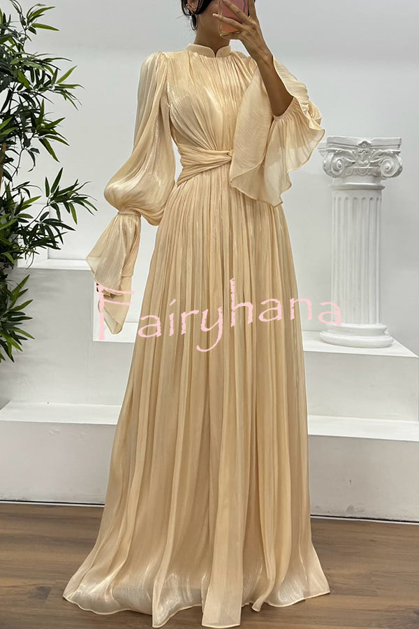 Ellah Shiny Fabric Chinese Stand Collar Twist Waist Balloon Sleeve Maxi Dress