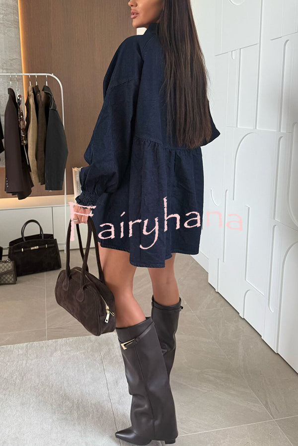 Fashion Heart Button Long Sleeve Casual Pocket Denim Mini Dress
