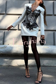 Saela Contrast Lace Corset Design V-neck Long Sleeve Tulip Mini Dress