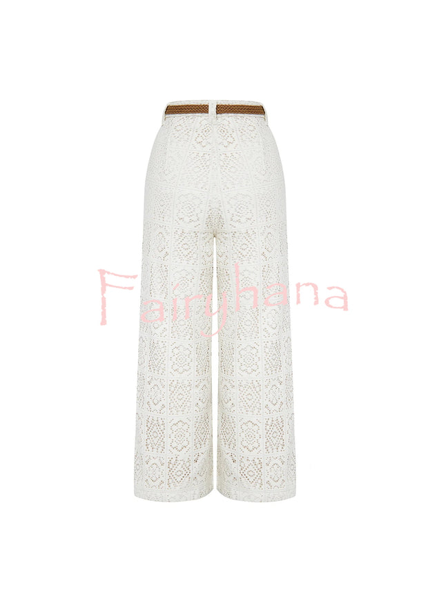 Joyful Bond Crochet Lace Mid Rise Pocketed Wide-leg Pants