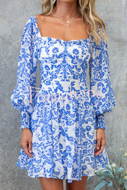 Formia Chiffon Unique Print Lantern Sleeve Back Smocked Mini Dress