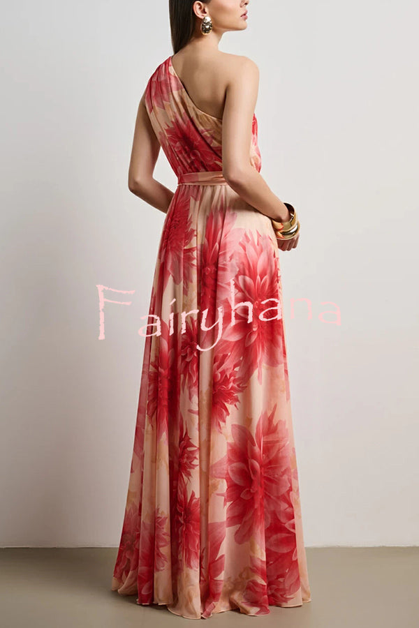 Floral Print One Shoulder Waist Tie Full Hem Resort Style Maxi Dress