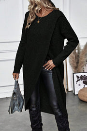 Solid Color Round Neck Long Sleeve Loose Slit Knitted Sweater