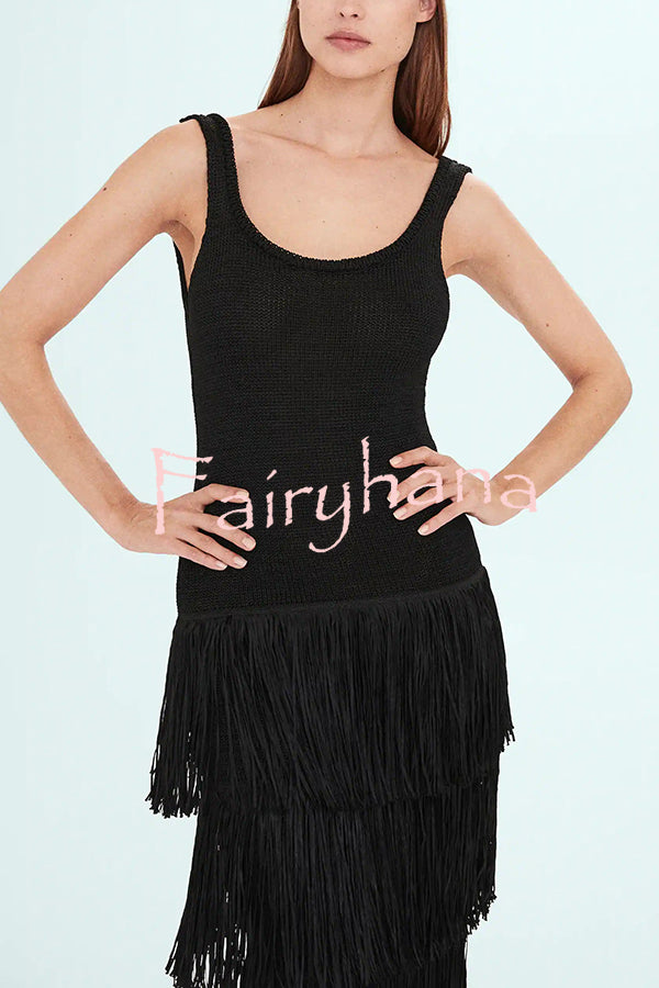 Solid Color Sleeveless Slim Fit Fringed Hem Knitted Midi Dress