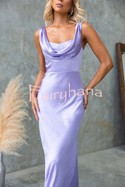 Chic Muse Satin Solid Color Cowl Neck Back Tie-up Maxi Dress