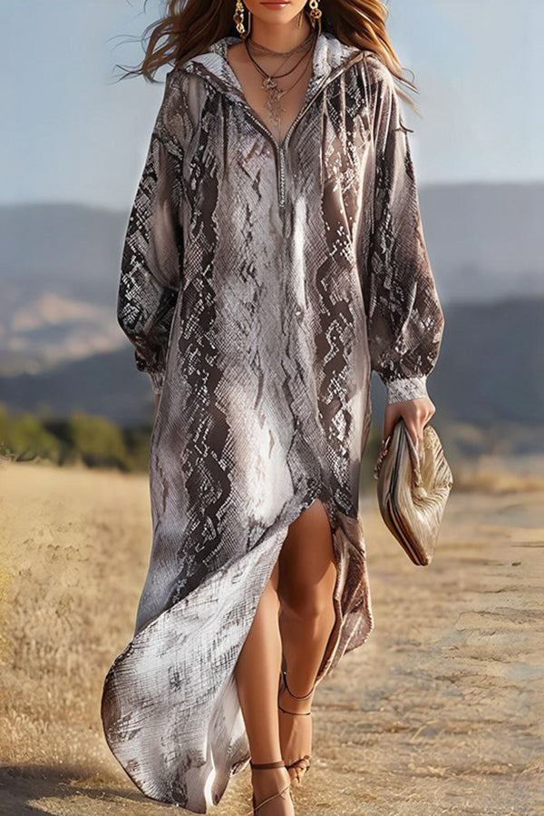 Python Print Loose Hooded Long-sleeved Slit Maxi Dress