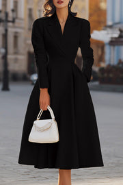 Solid Color Lapel Long Sleeve Waist Pocket Midi Dress
