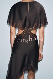Jessica Satin Lace Trim Cape Sleeves Cutout Waist Asymmetrical Hem Midi Dress