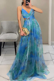 Giselle Tulle Render Floral Print Cutout Waist Back Lace-up Maxi Dress