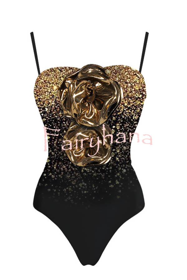 Ombre Sequin Print Metallic Fabric Flower Embellished Stretch One-piece Swimsuit