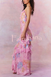 Multicolor Tie-dye Sexy Backless Wave-hem Strap Maxi Dress