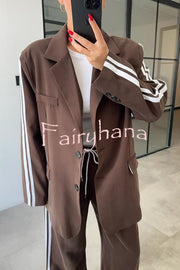 Levvie Striped Trim Long Sleeve Lapel Blazer and Rope Belt Pocketed Wide Leg Pants Set