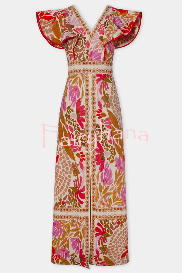 Unique Printed V-neck Open Back Ruffled Sleeves Slit Maxi Dress