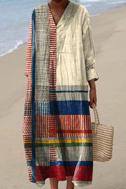 Multicolor Line Print V-Neck Long Sleeve Loose Midi Dress