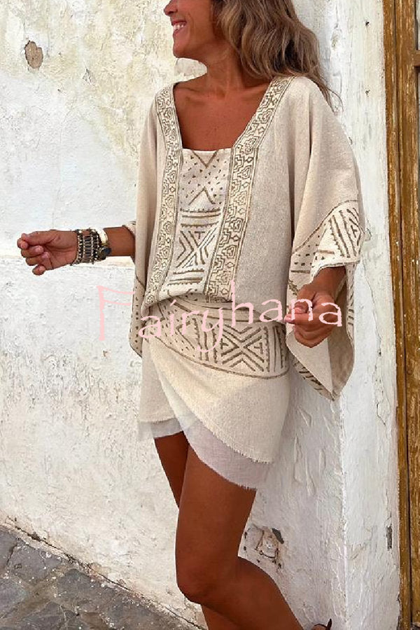 Cierra Linen Blend Ethnic Print Dolman Sleeves Loose Top