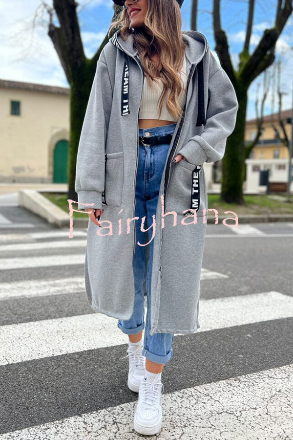 Fashionable and Casual Hooded Zipper Pocket Loose Long Coat