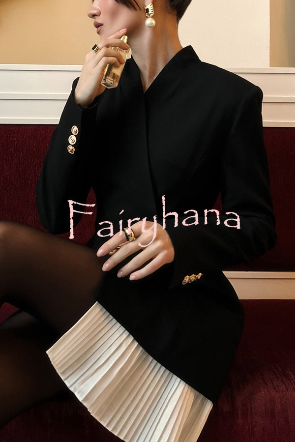Fashionable Contrast Color Elegant Long Sleeve Pleated Suit Mini Dress