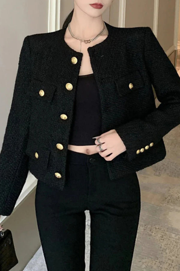 Solid Color Round Neck Long Sleeve Button Pocket Short Coat