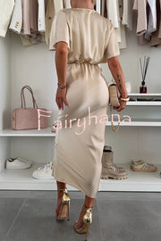 Satin Solid Color V-neck Cross Knot Slim Maxi Dress