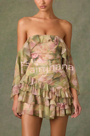 Chiffon Floral Print Elegant Multi-Layered Ruffle Mini Dress