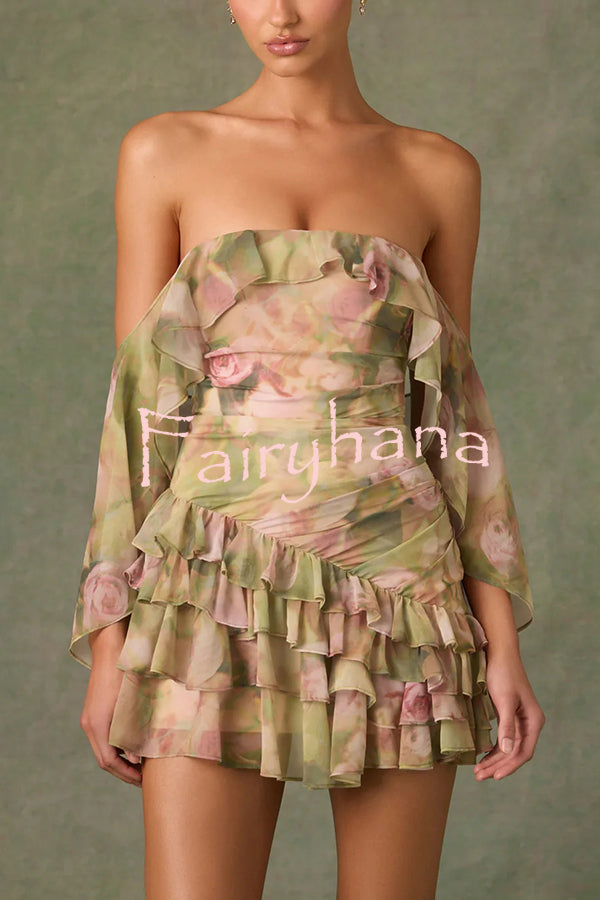 Chiffon Floral Print Elegant Multi-Layered Ruffle Mini Dress