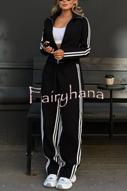 Fashionable Sports Style Striped Long-sleeved Jacket and Elastic Waist Casual Pants Set