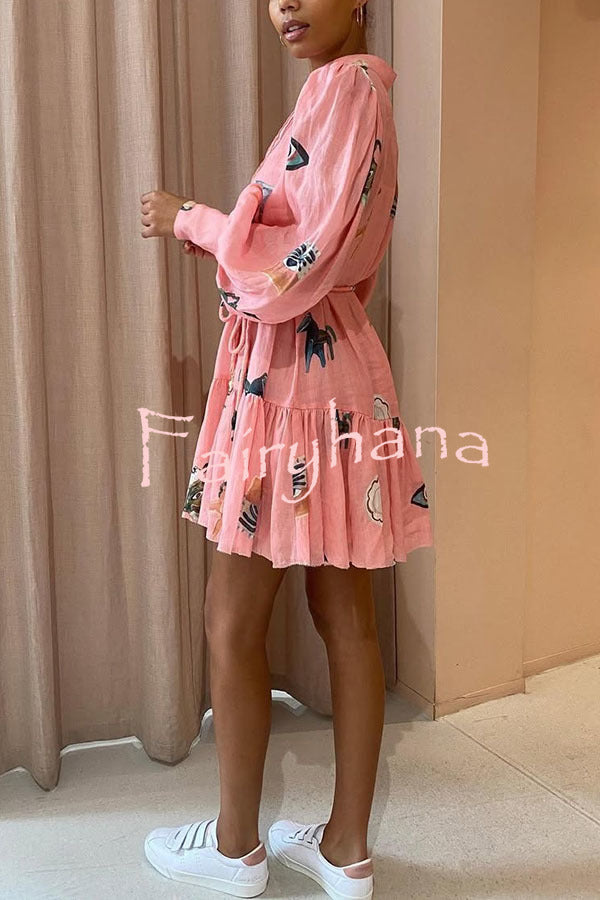 Unique Print Single Breasted Balloon Sleeve Tie Waist Ruffled Mini Dress