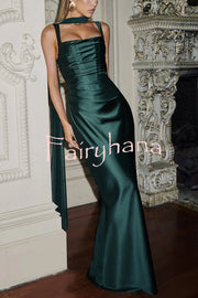 Calanthe Satin Square Neck Ruched Back Lace-up Drape Mesh Scarf Maxi Dress