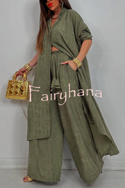 Solid Color Casual Loose Long Shirt and Elastic Waist Pocket Wide Leg Pants Set