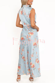 Anabelle Satin Lace Detail Floral Print High Cowl Neck Maxi Dress