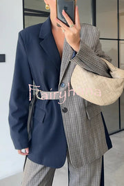 Nayla Plaid Contrast Color Belted Long Sleeve Lapel Blazer and Pocketed Wide Leg Pants Set