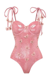 Solid Color Shiny Fabric Sweet Butterfly Decoration Stretch One-piece Swimsuit