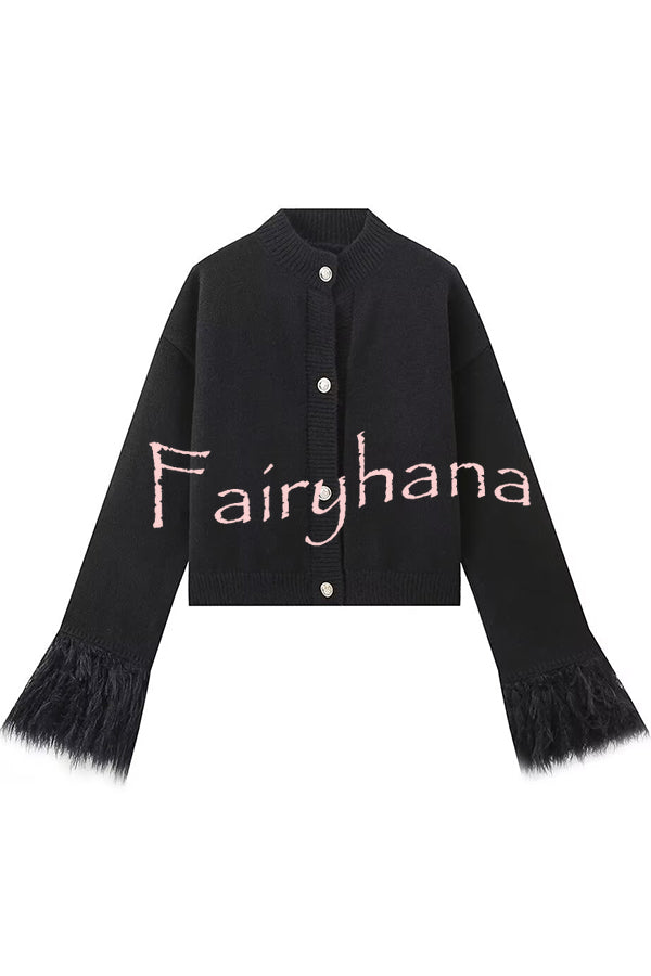 Solid Color Elegant Feather Long Sleeve Casual Knitted Cardigan