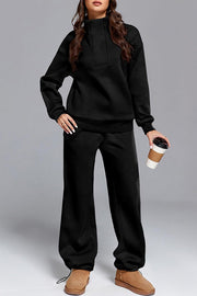 Solid Color Long-sleeved Lapel Sports Sweatshirt and Elastic Waist Casual Pocket Pants Set
