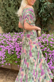 Unique Printed V-Neck Waisted Mesh Holiday Maxi Dress