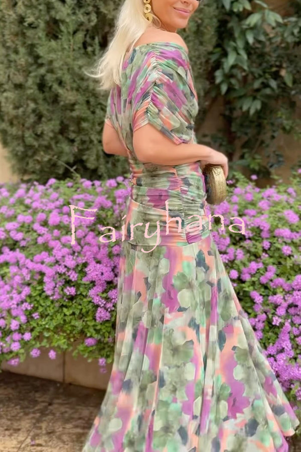 Unique Printed V-Neck Waisted Mesh Holiday Maxi Dress