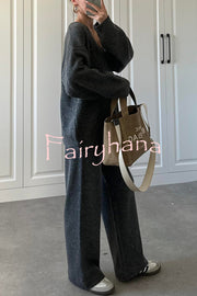 Solid Color V-neck Tie Long-sleeved Loose Knit Cardigan and Elastic Waist Casual Straight Leg Pants Set