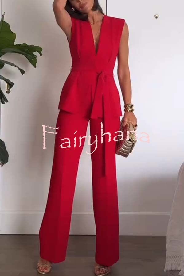 Keep It Classic V-neck Belted Vest and Mid Rise Pocket Wide Leg Pants Set