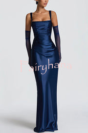Calanthe Satin Square Neck Ruched Back Lace-up Drape Mesh Scarf Maxi Dress