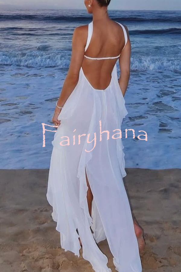 Resort Style Romantic Ruffles Open Back Stars Decorated Beach Maxi Dress