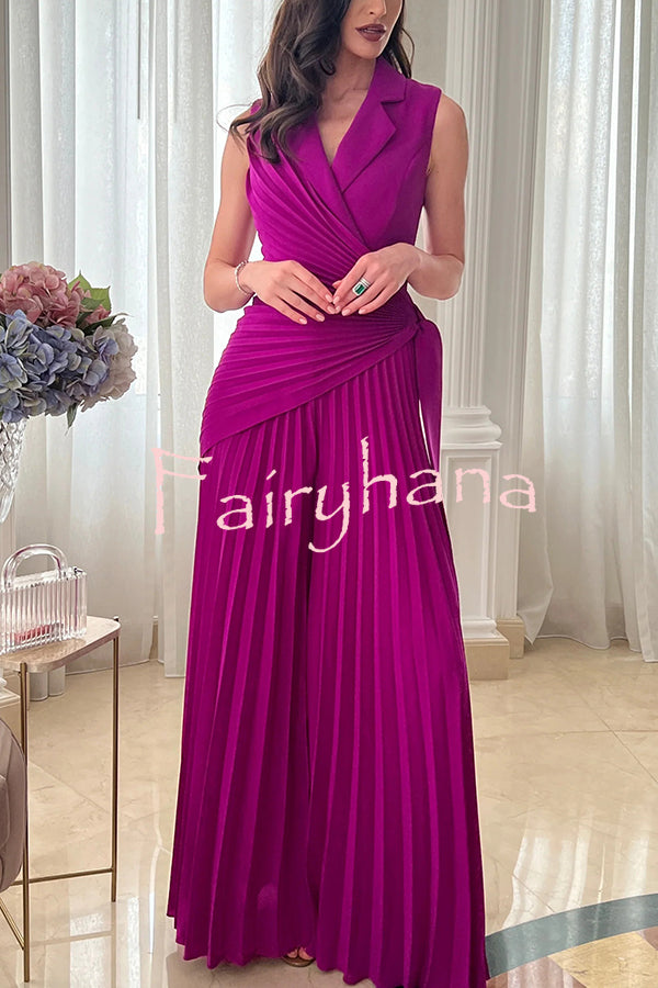Solid Color Lapel Sleeveless Waist Tie Pleated Wide-leg Jumpsuit