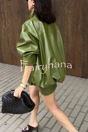 Solid Color Loose Long Sleeve Pocket Casual Leather Jacket