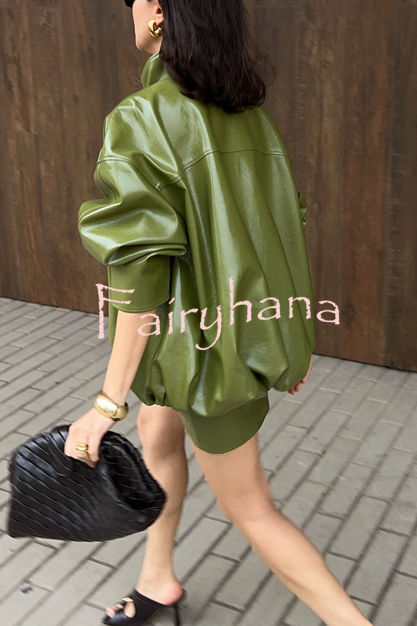 Solid Color Loose Long Sleeve Pocket Casual Leather Jacket